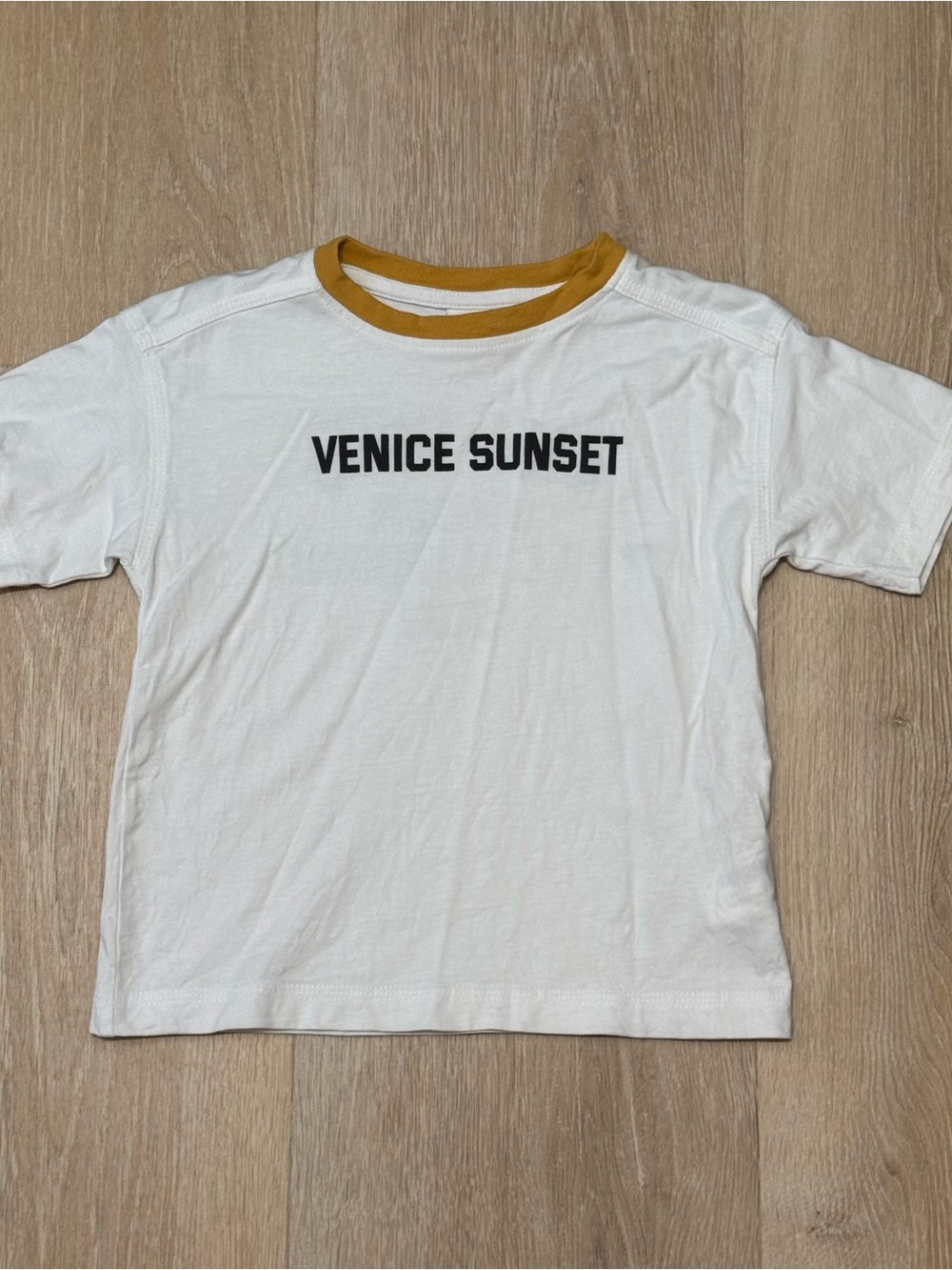 Zara White Tee with Mustard Neckline - 'Venice Sunset' Print